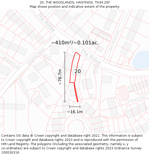 20, THE WOODLANDS, HASTINGS, TN34 2SF: Plot and title map