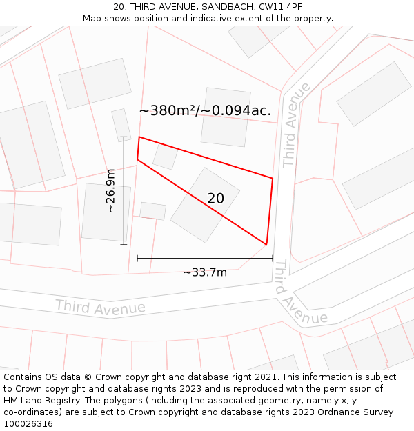 20, THIRD AVENUE, SANDBACH, CW11 4PF: Plot and title map