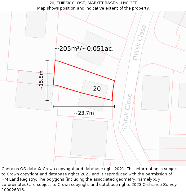 20, THIRSK CLOSE, MARKET RASEN, LN8 3EB: Plot and title map