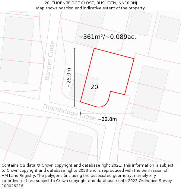20, THORNBRIDGE CLOSE, RUSHDEN, NN10 9NJ: Plot and title map