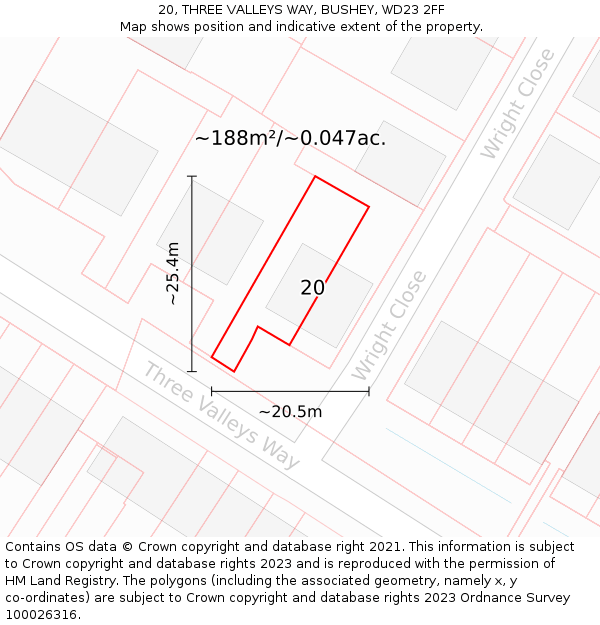 20, THREE VALLEYS WAY, BUSHEY, WD23 2FF: Plot and title map