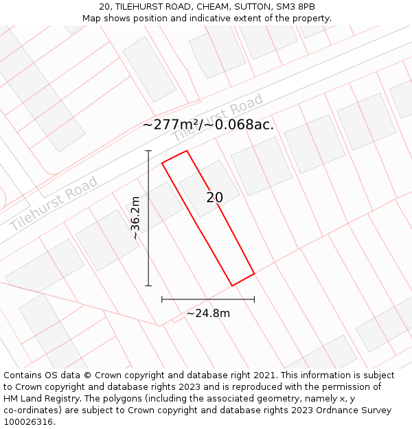 20, TILEHURST ROAD, CHEAM, SUTTON, SM3 8PB: Plot and title map