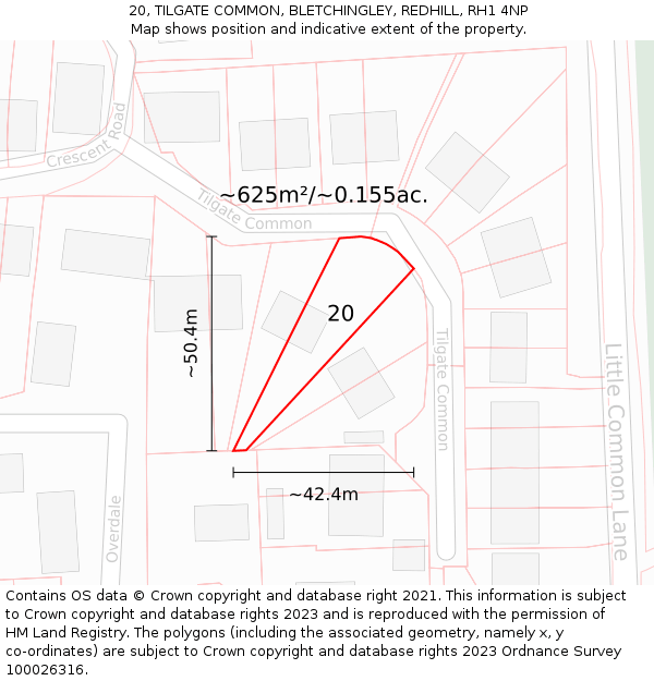 20, TILGATE COMMON, BLETCHINGLEY, REDHILL, RH1 4NP: Plot and title map