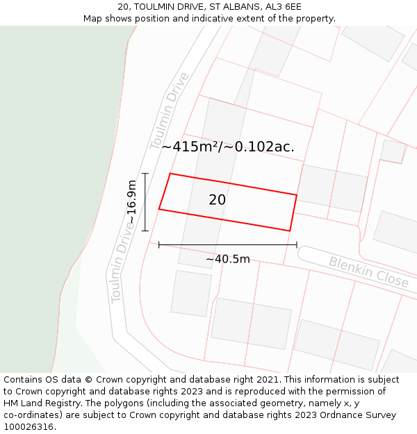 20, TOULMIN DRIVE, ST ALBANS, AL3 6EE: Plot and title map