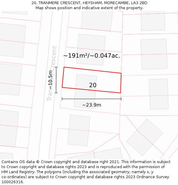 20, TRANMERE CRESCENT, HEYSHAM, MORECAMBE, LA3 2BD: Plot and title map