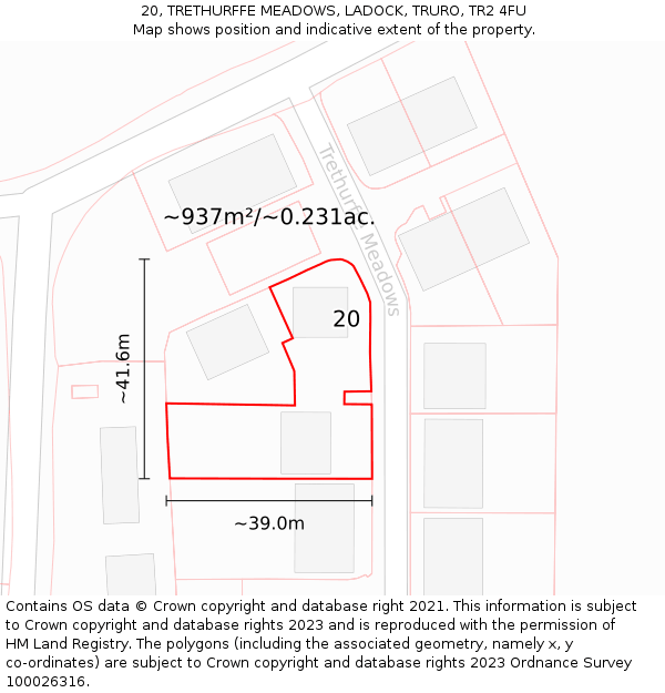 20, TRETHURFFE MEADOWS, LADOCK, TRURO, TR2 4FU: Plot and title map