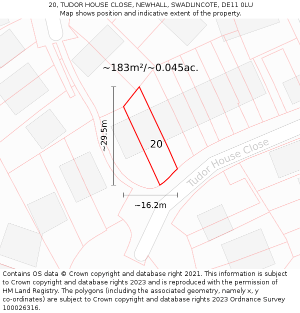 20, TUDOR HOUSE CLOSE, NEWHALL, SWADLINCOTE, DE11 0LU: Plot and title map