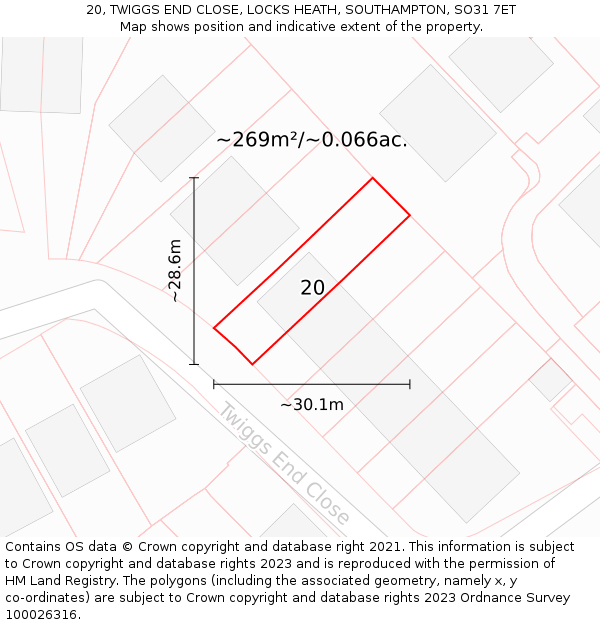 20, TWIGGS END CLOSE, LOCKS HEATH, SOUTHAMPTON, SO31 7ET: Plot and title map