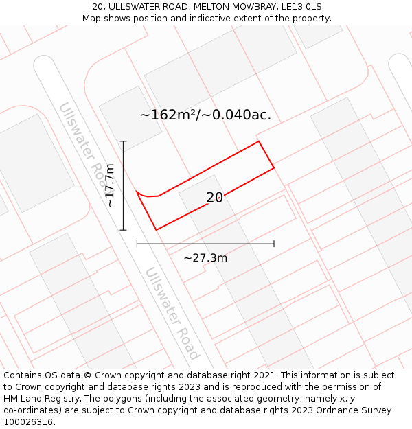 20, ULLSWATER ROAD, MELTON MOWBRAY, LE13 0LS: Plot and title map