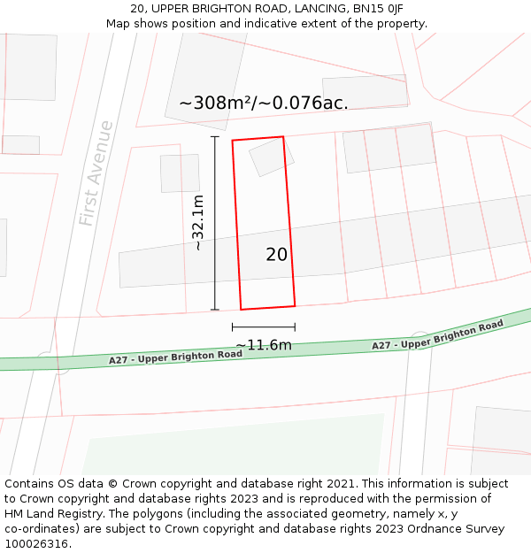 20, UPPER BRIGHTON ROAD, LANCING, BN15 0JF: Plot and title map