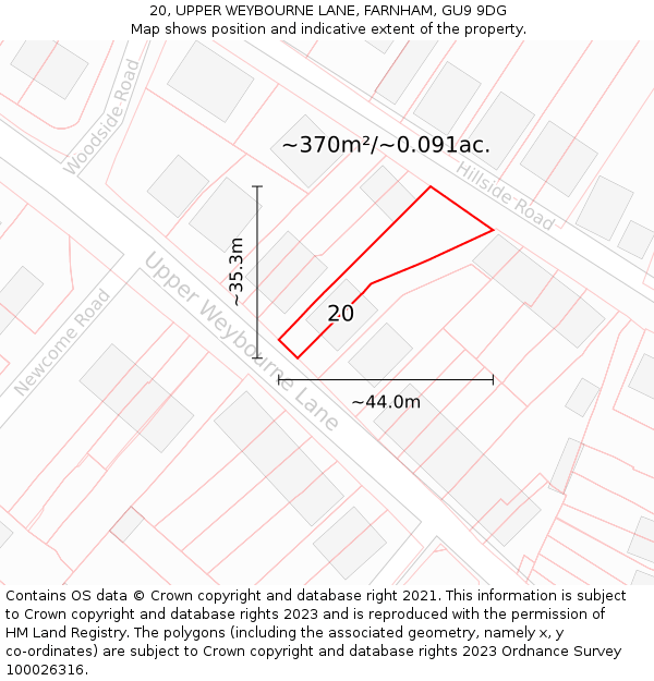 20, UPPER WEYBOURNE LANE, FARNHAM, GU9 9DG: Plot and title map