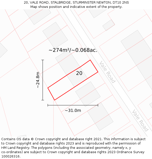 20, VALE ROAD, STALBRIDGE, STURMINSTER NEWTON, DT10 2NS: Plot and title map