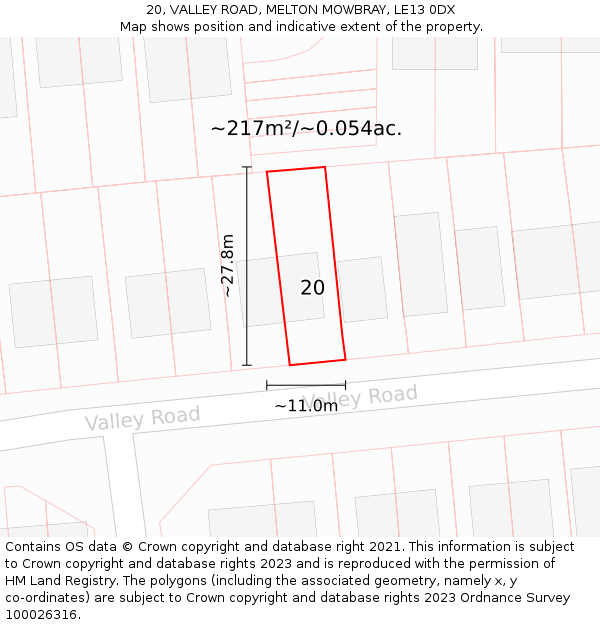 20, VALLEY ROAD, MELTON MOWBRAY, LE13 0DX: Plot and title map