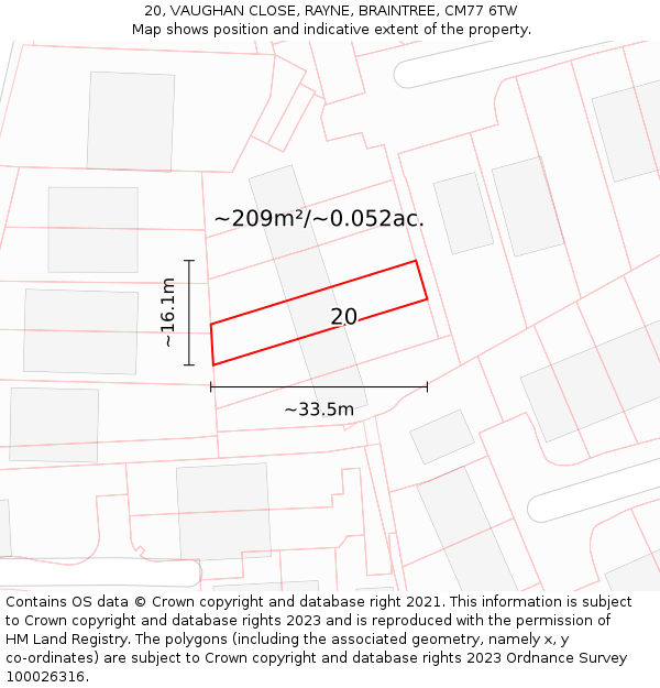 20, VAUGHAN CLOSE, RAYNE, BRAINTREE, CM77 6TW: Plot and title map