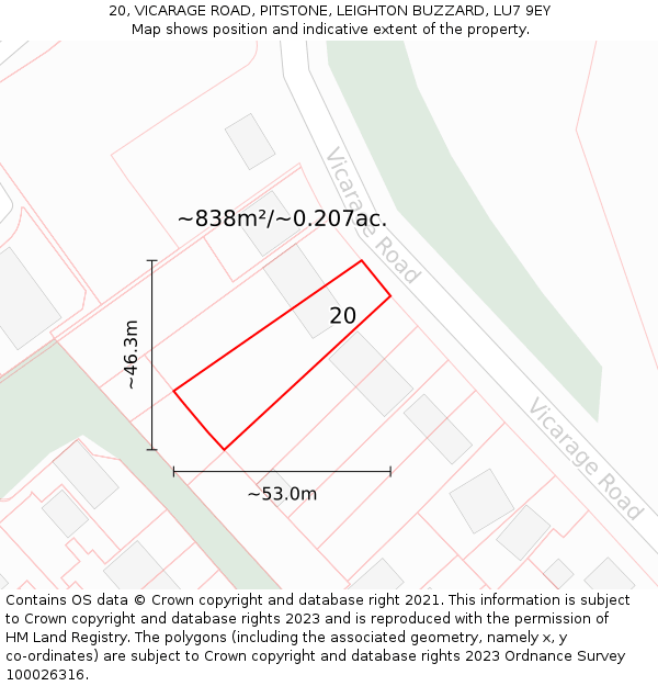 20, VICARAGE ROAD, PITSTONE, LEIGHTON BUZZARD, LU7 9EY: Plot and title map