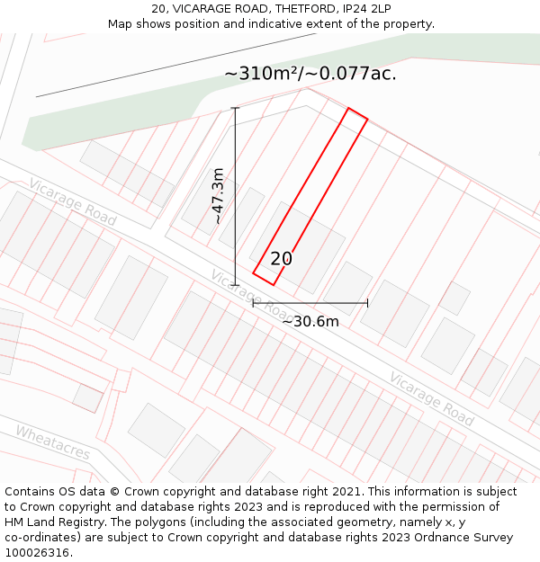 20, VICARAGE ROAD, THETFORD, IP24 2LP: Plot and title map