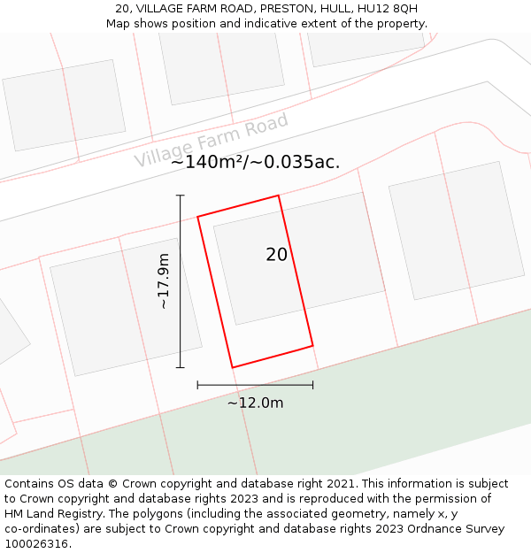 20, VILLAGE FARM ROAD, PRESTON, HULL, HU12 8QH: Plot and title map
