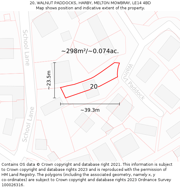 20, WALNUT PADDOCKS, HARBY, MELTON MOWBRAY, LE14 4BD: Plot and title map