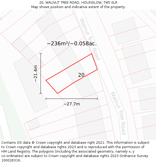 20, WALNUT TREE ROAD, HOUNSLOW, TW5 0LR: Plot and title map