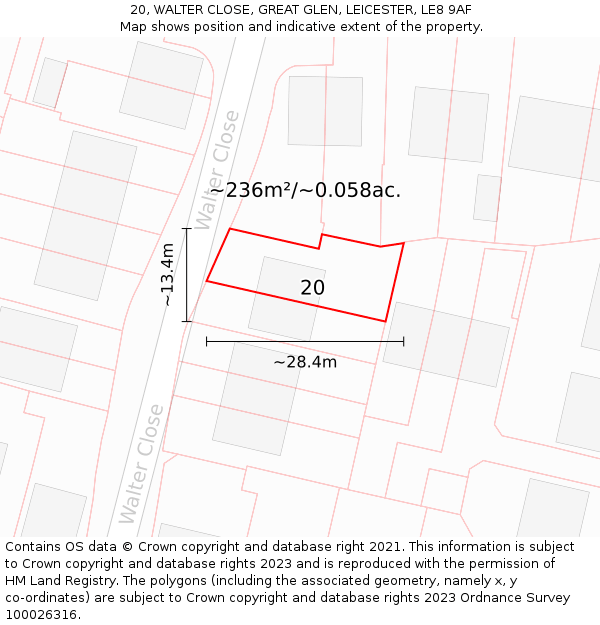 20, WALTER CLOSE, GREAT GLEN, LEICESTER, LE8 9AF: Plot and title map
