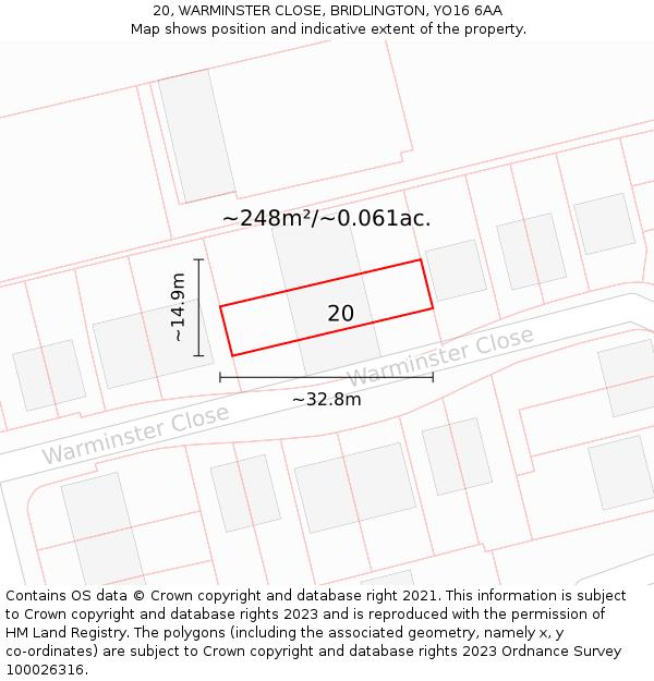 20, WARMINSTER CLOSE, BRIDLINGTON, YO16 6AA: Plot and title map