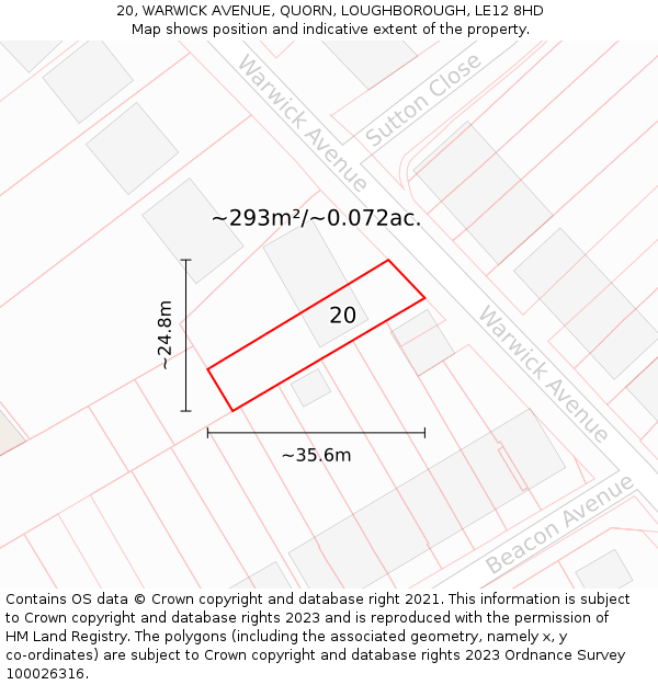 20, WARWICK AVENUE, QUORN, LOUGHBOROUGH, LE12 8HD: Plot and title map