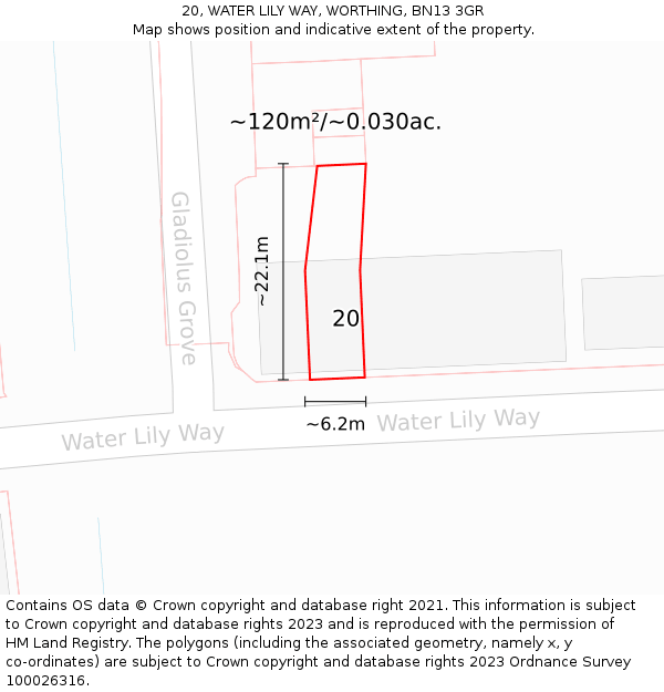 20, WATER LILY WAY, WORTHING, BN13 3GR: Plot and title map