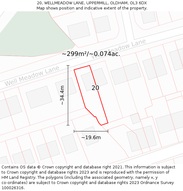 20, WELLMEADOW LANE, UPPERMILL, OLDHAM, OL3 6DX: Plot and title map