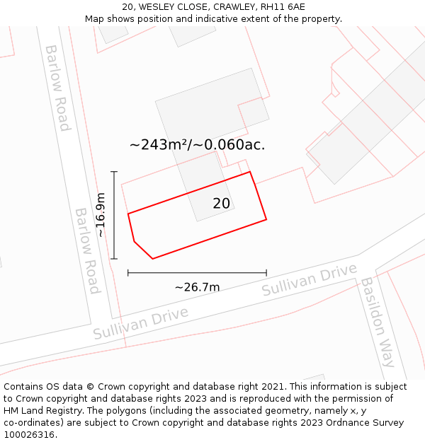 20, WESLEY CLOSE, CRAWLEY, RH11 6AE: Plot and title map