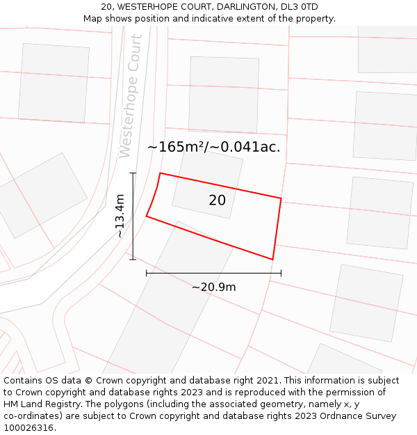 20, WESTERHOPE COURT, DARLINGTON, DL3 0TD: Plot and title map