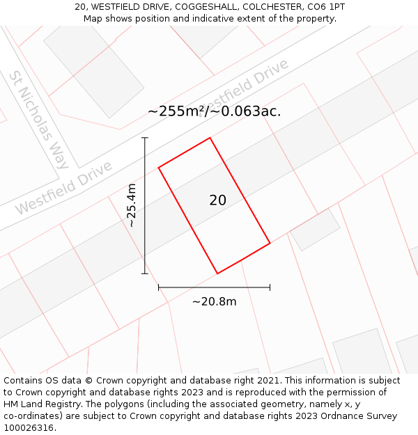 20, WESTFIELD DRIVE, COGGESHALL, COLCHESTER, CO6 1PT: Plot and title map