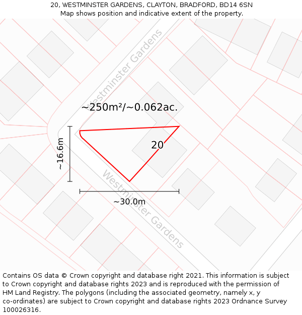 20, WESTMINSTER GARDENS, CLAYTON, BRADFORD, BD14 6SN: Plot and title map