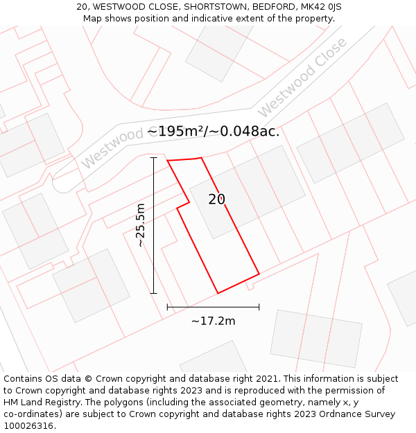 20, WESTWOOD CLOSE, SHORTSTOWN, BEDFORD, MK42 0JS: Plot and title map