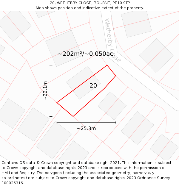 20, WETHERBY CLOSE, BOURNE, PE10 9TP: Plot and title map