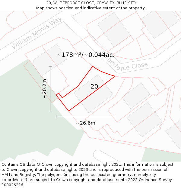 20, WILBERFORCE CLOSE, CRAWLEY, RH11 9TD: Plot and title map