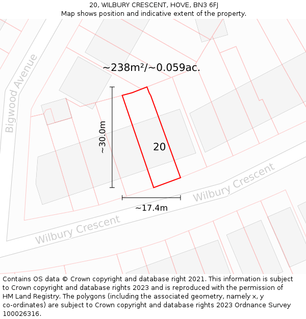 20, WILBURY CRESCENT, HOVE, BN3 6FJ: Plot and title map
