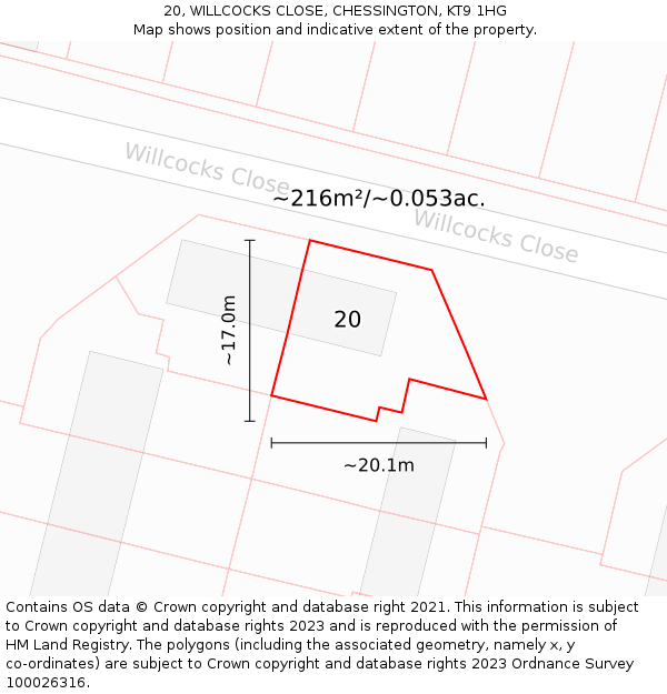 20, WILLCOCKS CLOSE, CHESSINGTON, KT9 1HG: Plot and title map