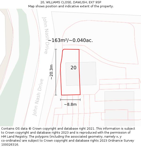 20, WILLIAMS CLOSE, DAWLISH, EX7 9SP: Plot and title map