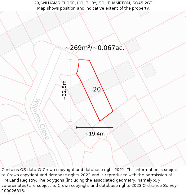 20, WILLIAMS CLOSE, HOLBURY, SOUTHAMPTON, SO45 2GT: Plot and title map