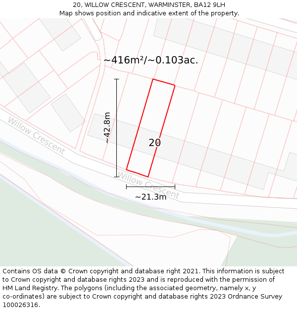 20, WILLOW CRESCENT, WARMINSTER, BA12 9LH: Plot and title map