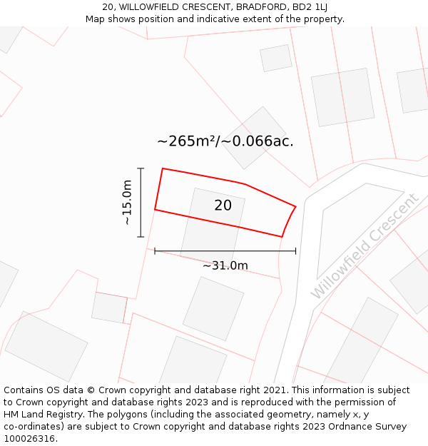 20, WILLOWFIELD CRESCENT, BRADFORD, BD2 1LJ: Plot and title map