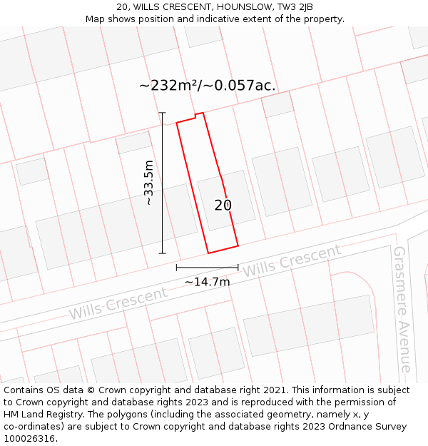 20, WILLS CRESCENT, HOUNSLOW, TW3 2JB: Plot and title map