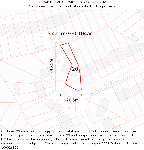 20, WINDERMERE ROAD, READING, RG2 7HP: Plot and title map