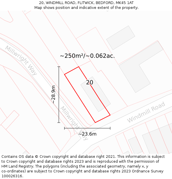 20, WINDMILL ROAD, FLITWICK, BEDFORD, MK45 1AT: Plot and title map
