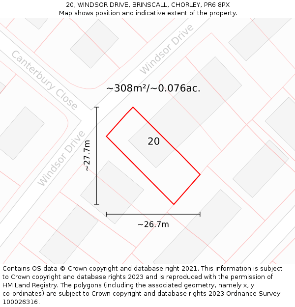 20, WINDSOR DRIVE, BRINSCALL, CHORLEY, PR6 8PX: Plot and title map
