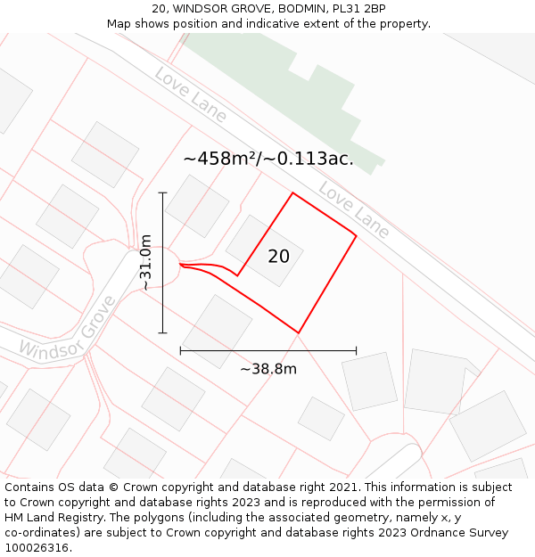 20, WINDSOR GROVE, BODMIN, PL31 2BP: Plot and title map
