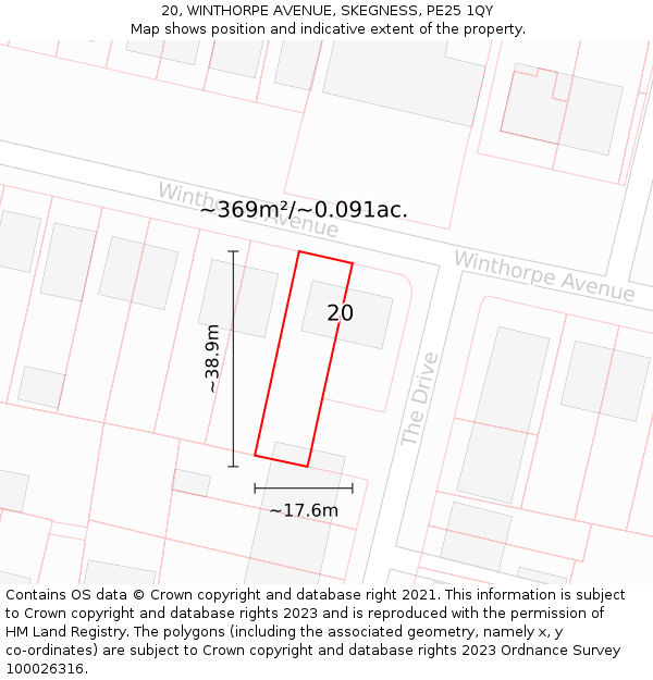 20, WINTHORPE AVENUE, SKEGNESS, PE25 1QY: Plot and title map