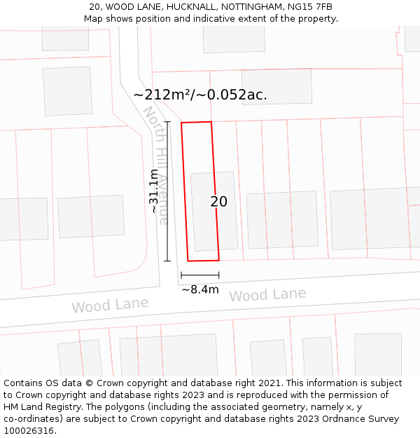 20, WOOD LANE, HUCKNALL, NOTTINGHAM, NG15 7FB: Plot and title map