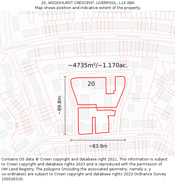 20, WOODHURST CRESCENT, LIVERPOOL, L14 0BA: Plot and title map