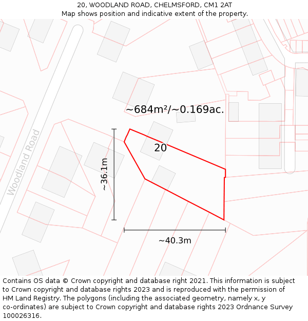 20, WOODLAND ROAD, CHELMSFORD, CM1 2AT: Plot and title map